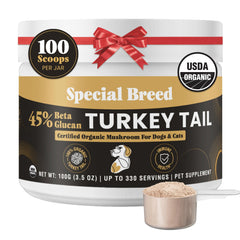 Special Breed polvo de Turkey Tail en frasco para apoyar defensas naturales de mascotas
