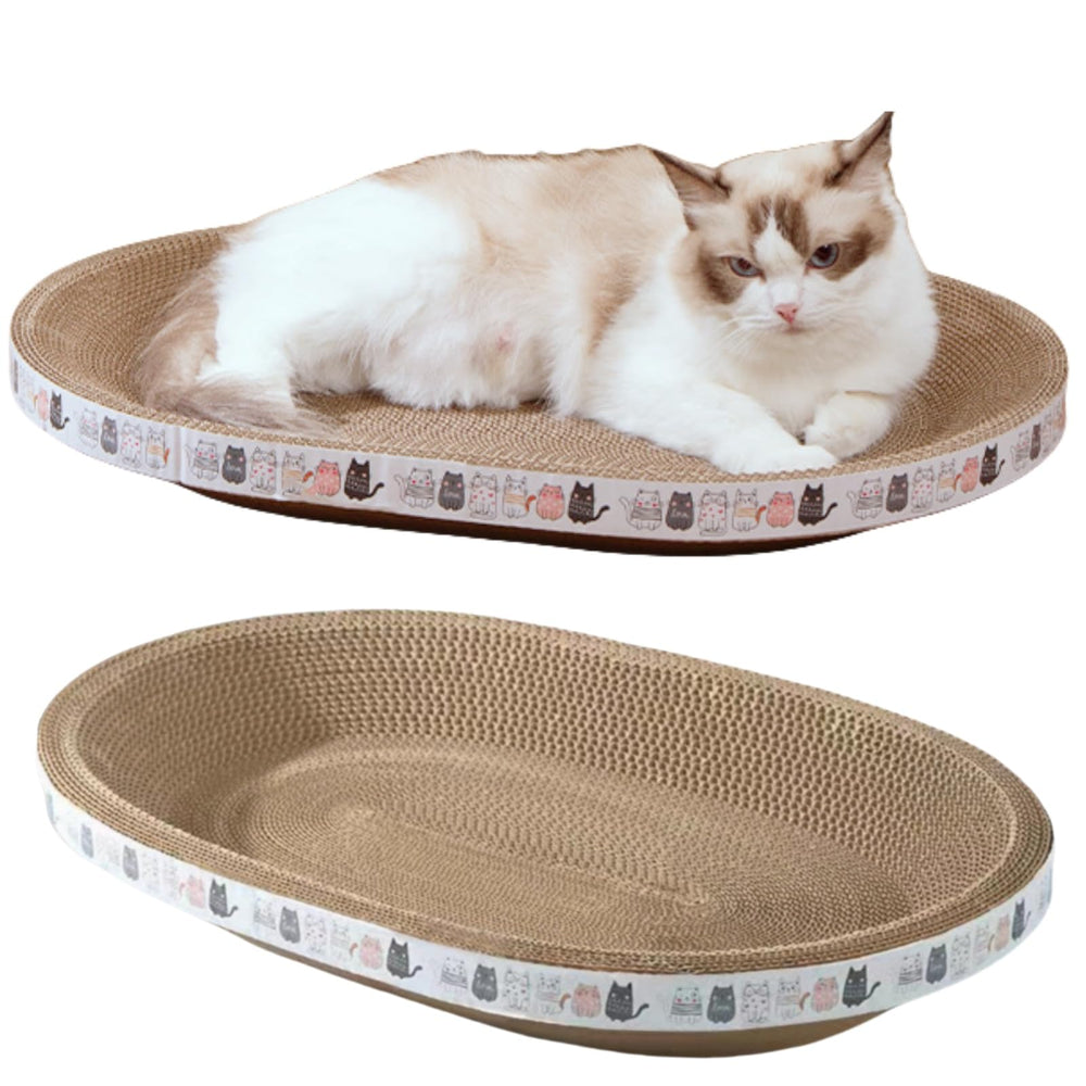 Spindro rascador de gato ovalado con nido cómodo para descansar.