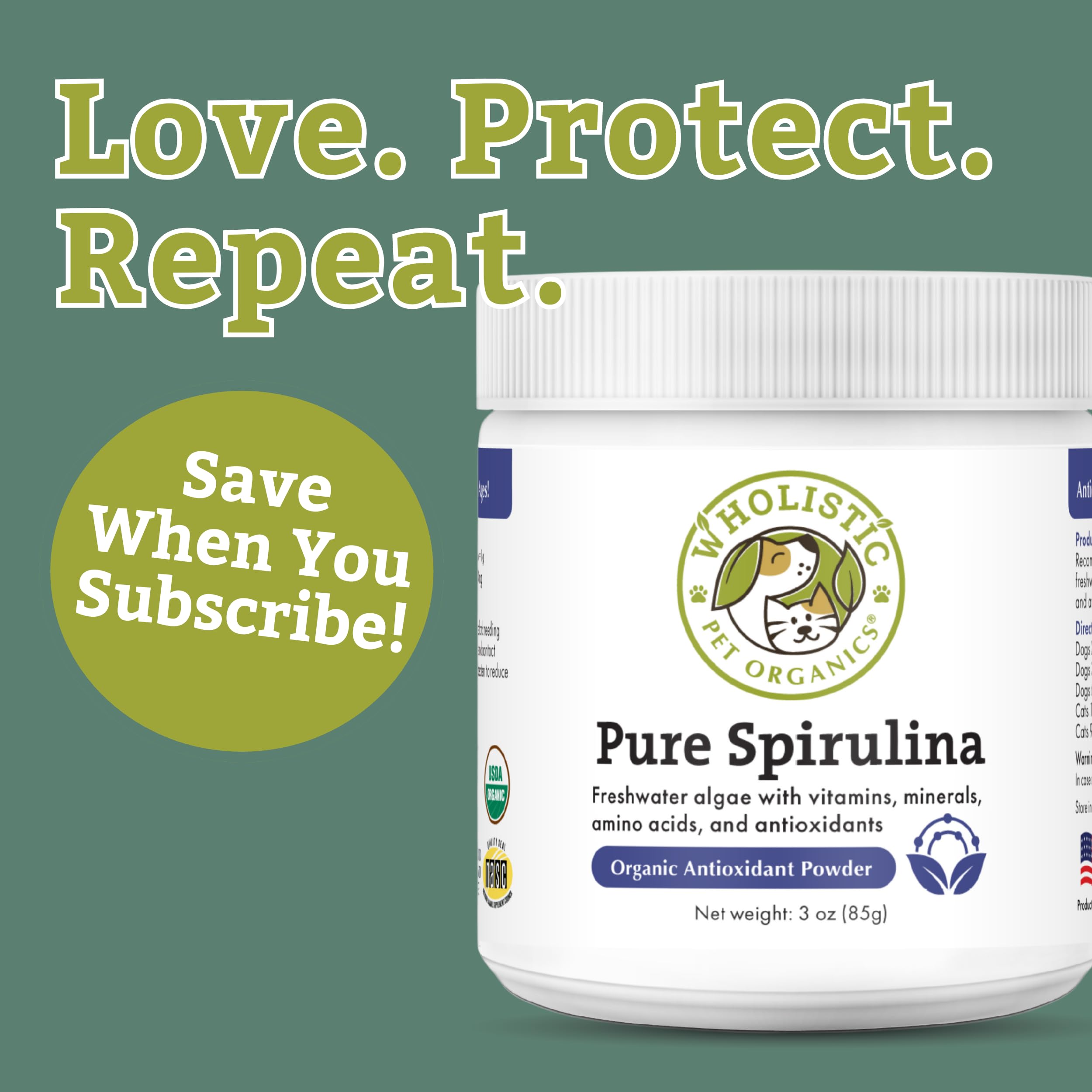 Spirulina orgánica para perros, ingredientes limpios y naturales.