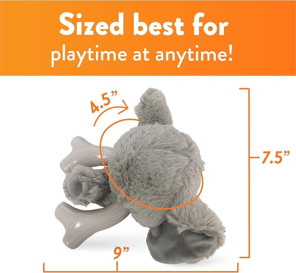 Spunky Pup Knucklehead dos-en-uno, mezcla masticable y peluche para entretenimiento.