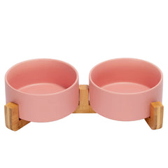 SPUNKYJUNKY cerámica para mascotas con base de madera, plato estable para comida y agua.