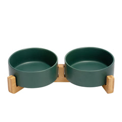 SPUNKYJUNKY cuenco cerámico para perros y gatos con pie de madera, ideal para una alimentación ordenada.