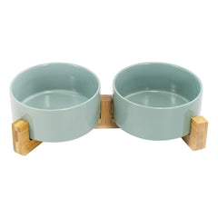 SPUNKYJUNKY juego de cuencos cerámicos para perro y gato con soporte de madera, ideal para comer ordenadamente.