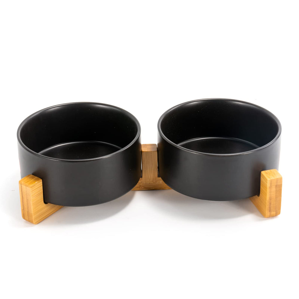 SPUNKYJUNKY tazón cerámico doble uso con base de madera, cómodo para comer y beber