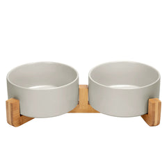 SPUNKYJUNKY tazón cerámico doble con soporte de madera, cómodo para comida y agua.