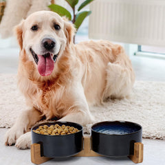 SPUNKYJUNKY: tazón cerámico para perro con base de madera, seguro y estable.