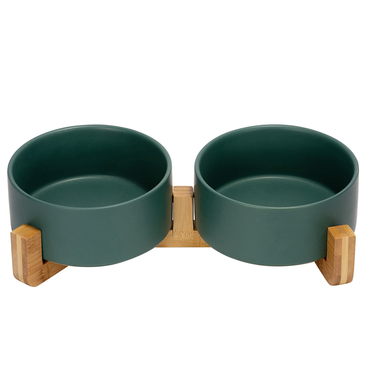 SPUNKYJUNKY tazon ceramico para perros y gatos con estante de madera, fácil de usar.