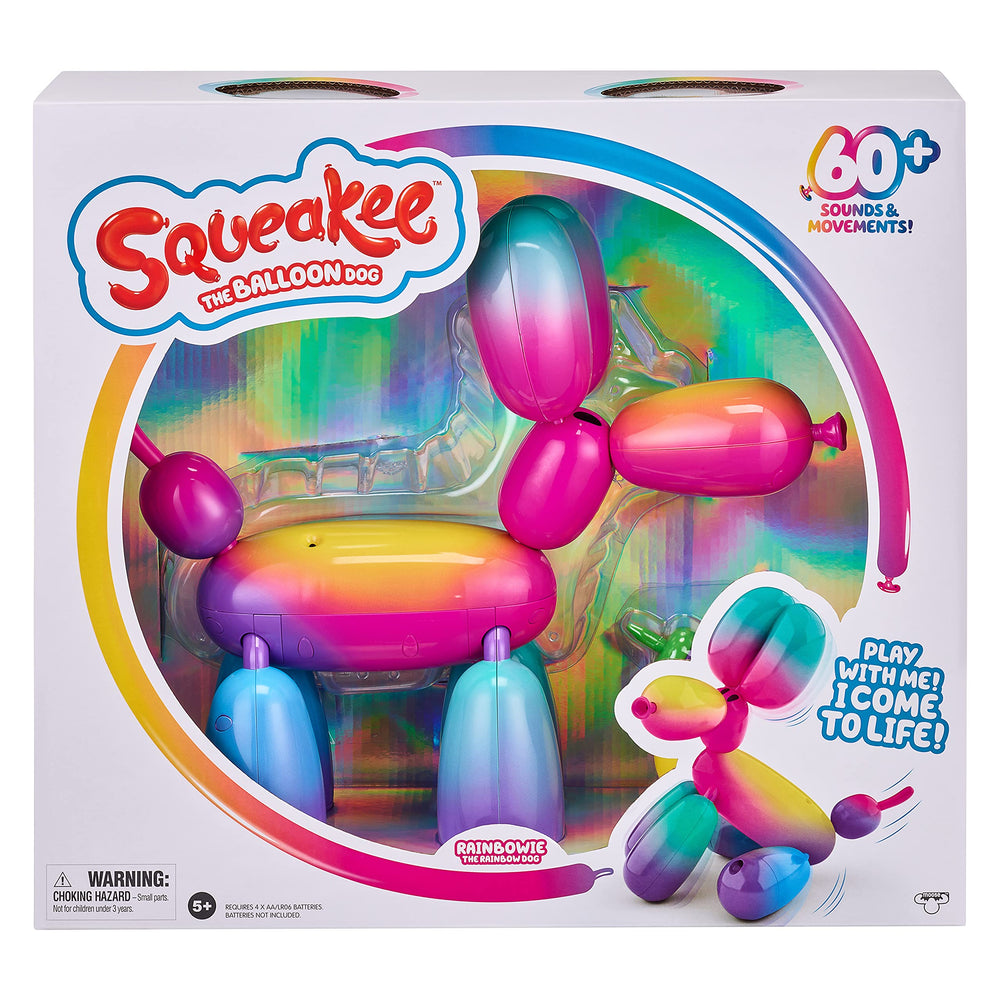 Squeakee Rainbowie primer plano del Perro Globo con colores arcoíris