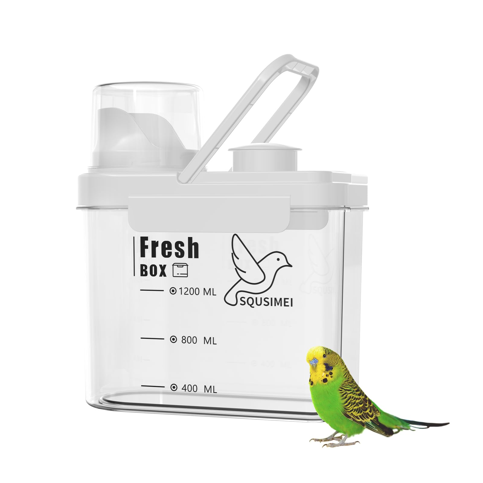 SQUSIMEI contenedor-alimento-aves tapado mantiene semillas frescas y protegidas para almacenamiento prolongado.