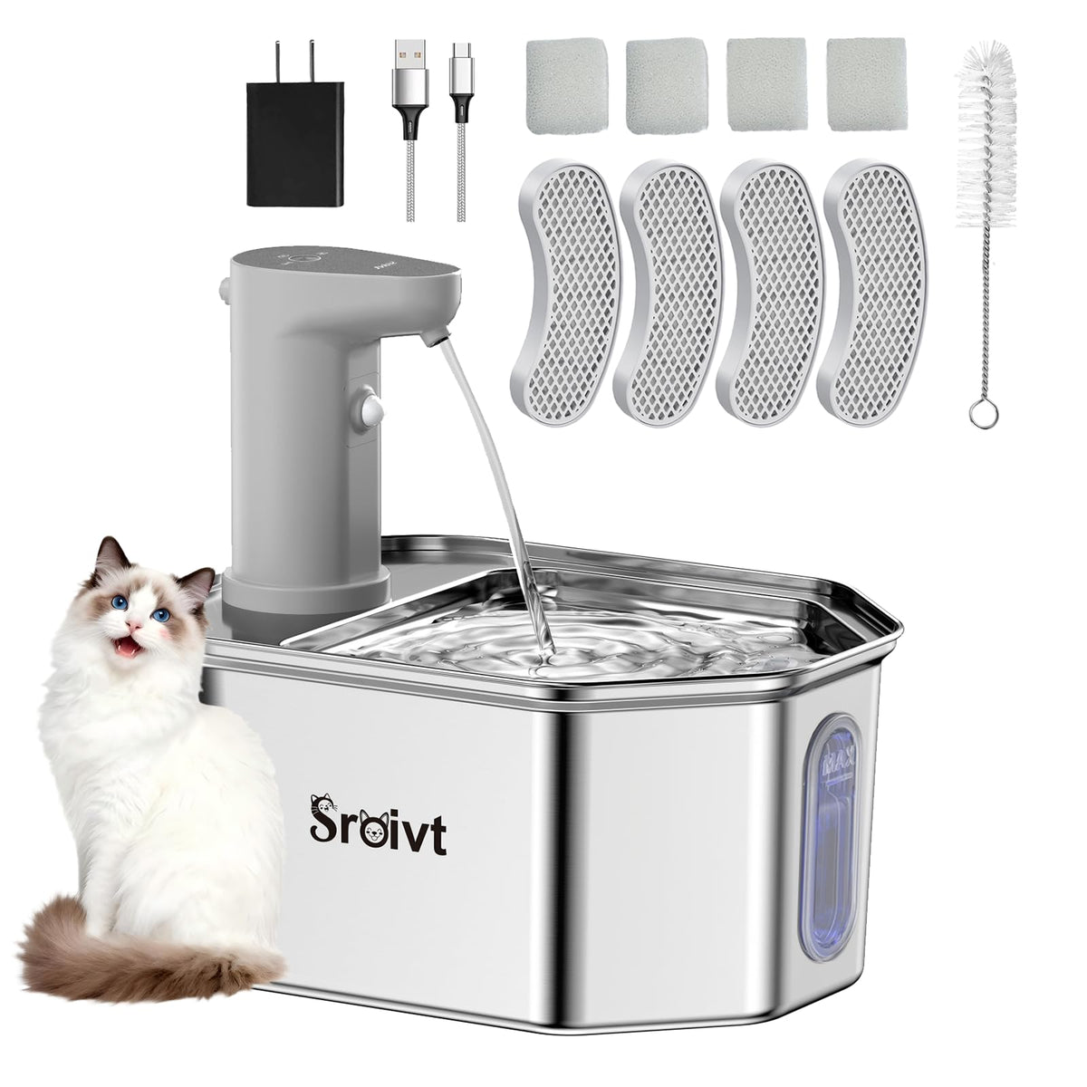 Fuente SROIVT para gatos en acero inoxidable, duradera y segura para mascotas.
