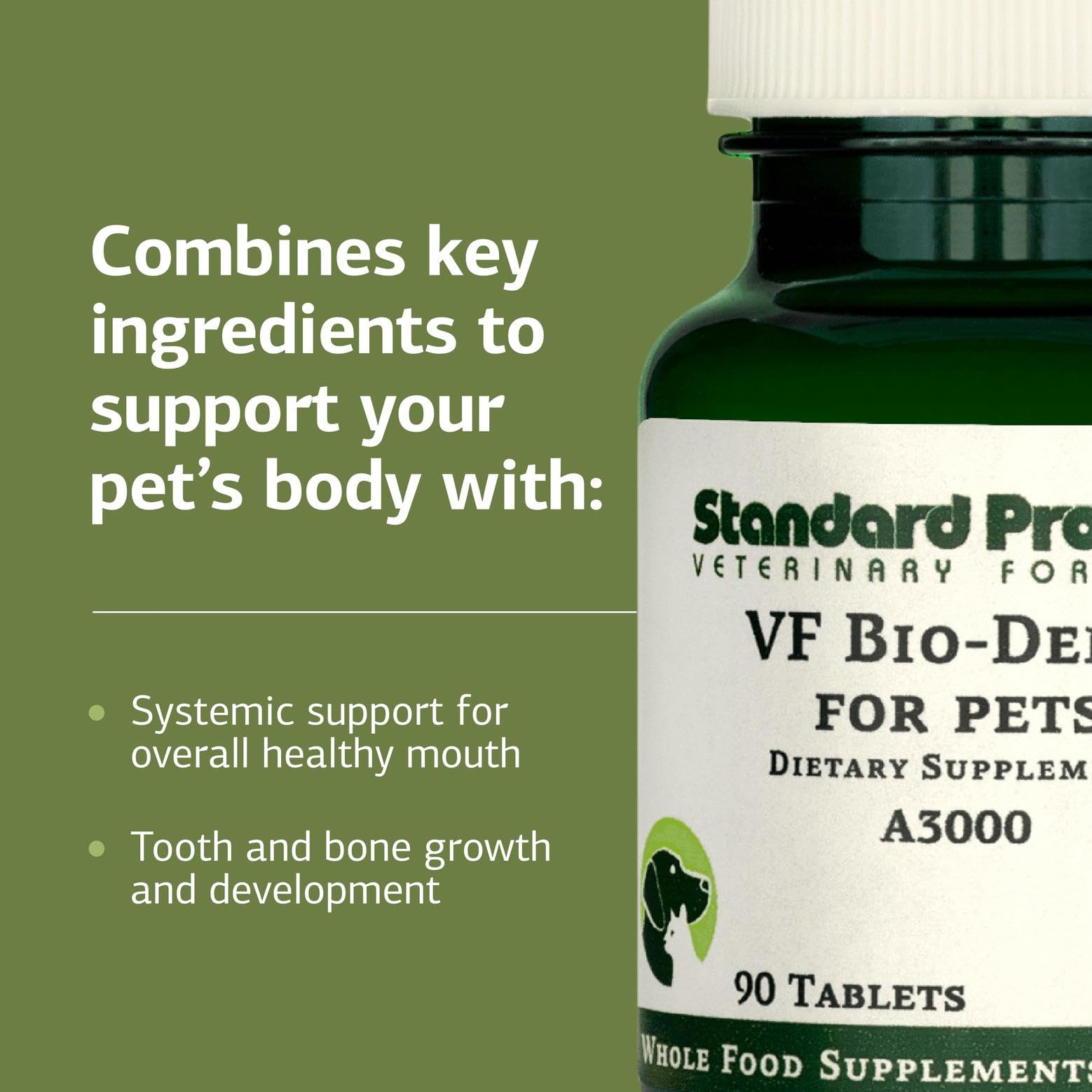 Standard Process VF Bio-Dent dosis según tamaño para perros y gatos.