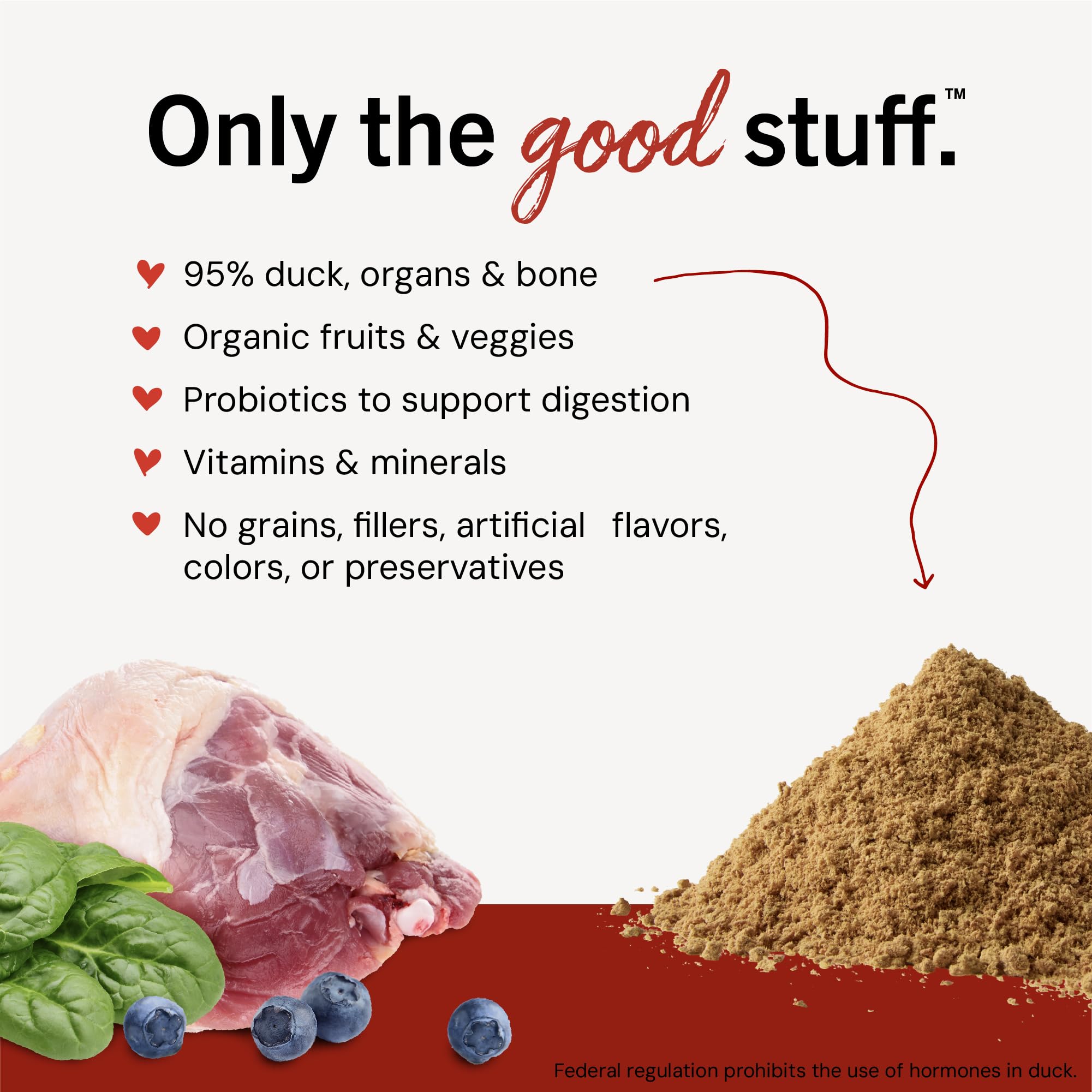 Polvo premium 95% pato y pavo con frutas y verduras orgánicas para perros.