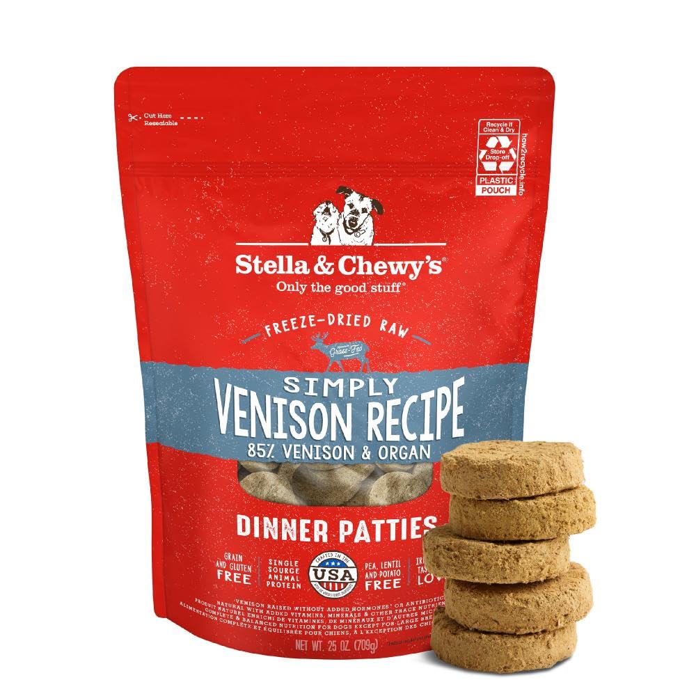 Stella y Chewy's patty venison crudo en plato, ideal para comedores exigentes.