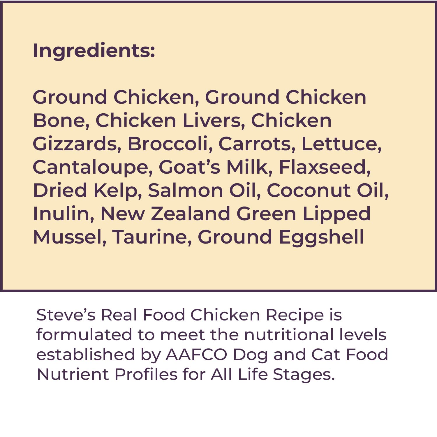 Steve's Real Food etiqueta indica fabricación en Estados Unidos