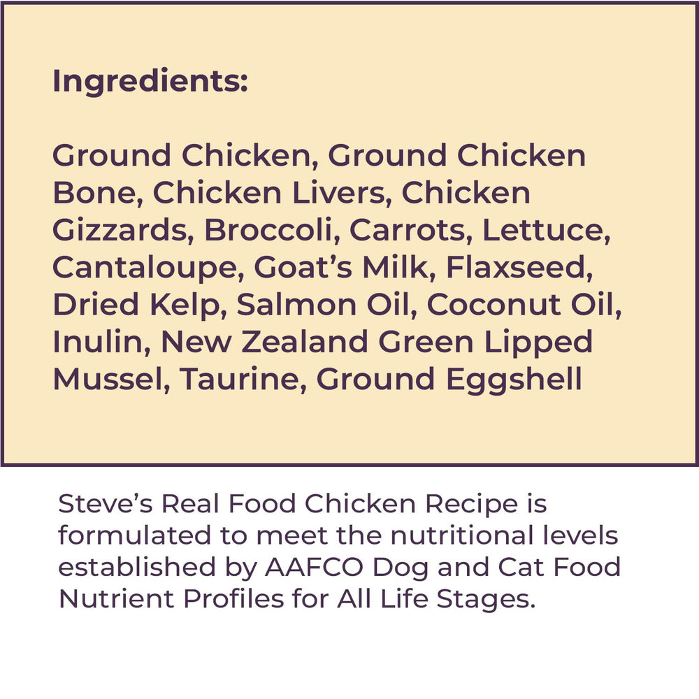 Steve's Real Food etiqueta indica fabricación en Estados Unidos