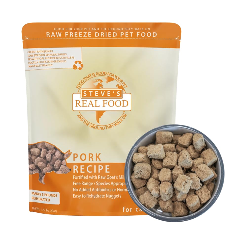 Steve's Real Food trozos crudos de cerdo en empaque 20 oz, opción práctica para mascotas.