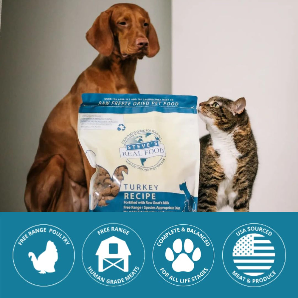 Steve's Real Food, bolsa abierta con trozos, ideal como comida o complemento para mascotas.