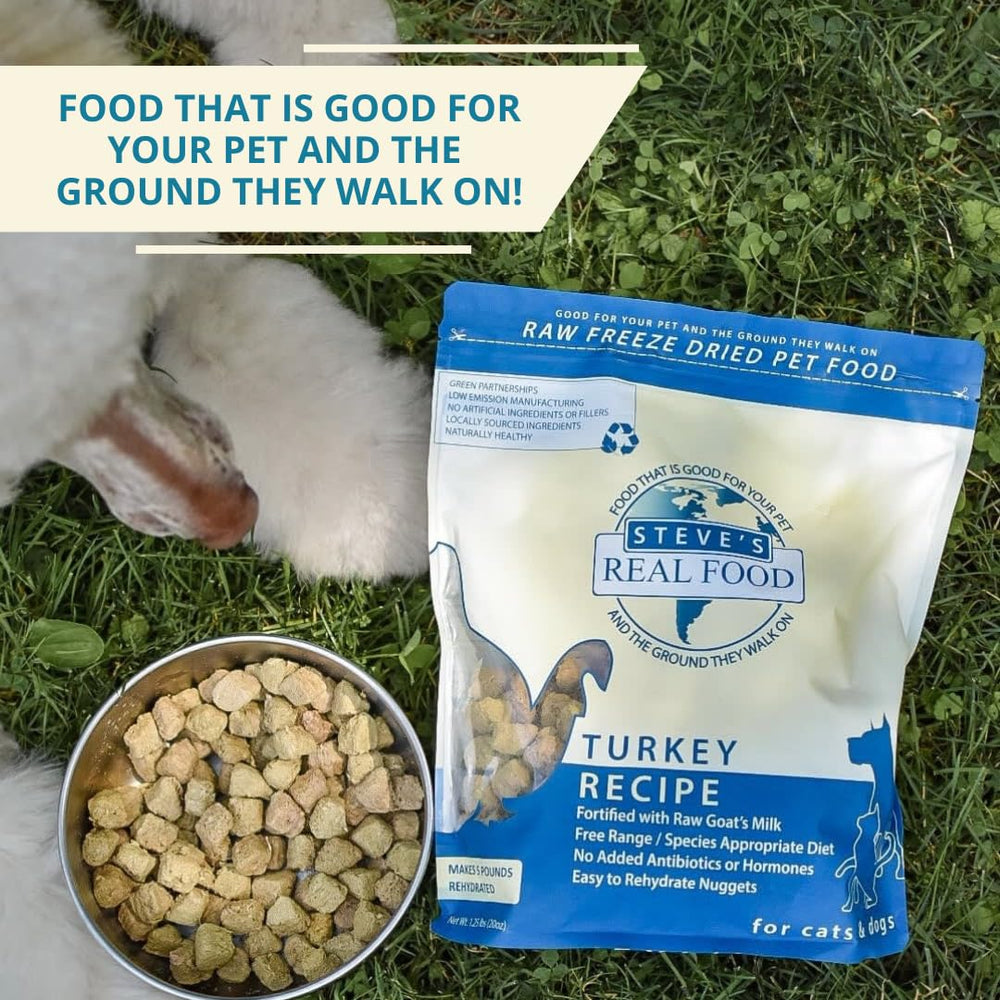 Steve's Real Food trozos de pavo listos para consumo diario de mascotas.
