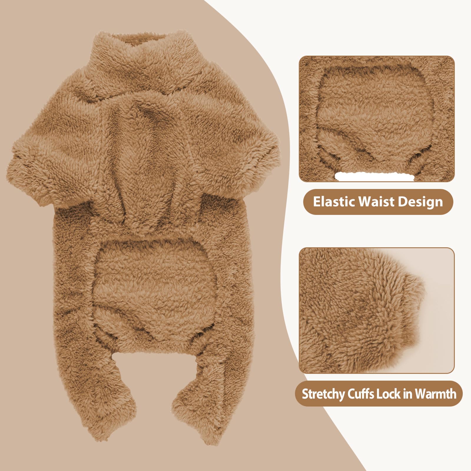 Pijama de peluche para perros pequeños en color café, forro suave que ofrece calor cómodo.