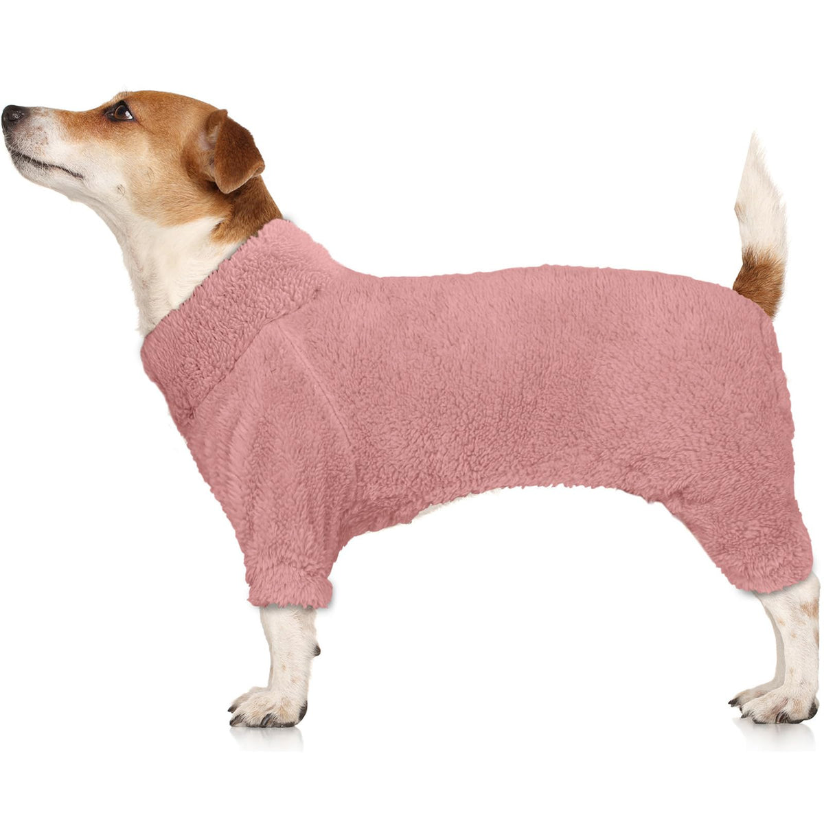 Pijama para perros Stpiatue con felpa rosada y cuello alto, ideal para días fríos.