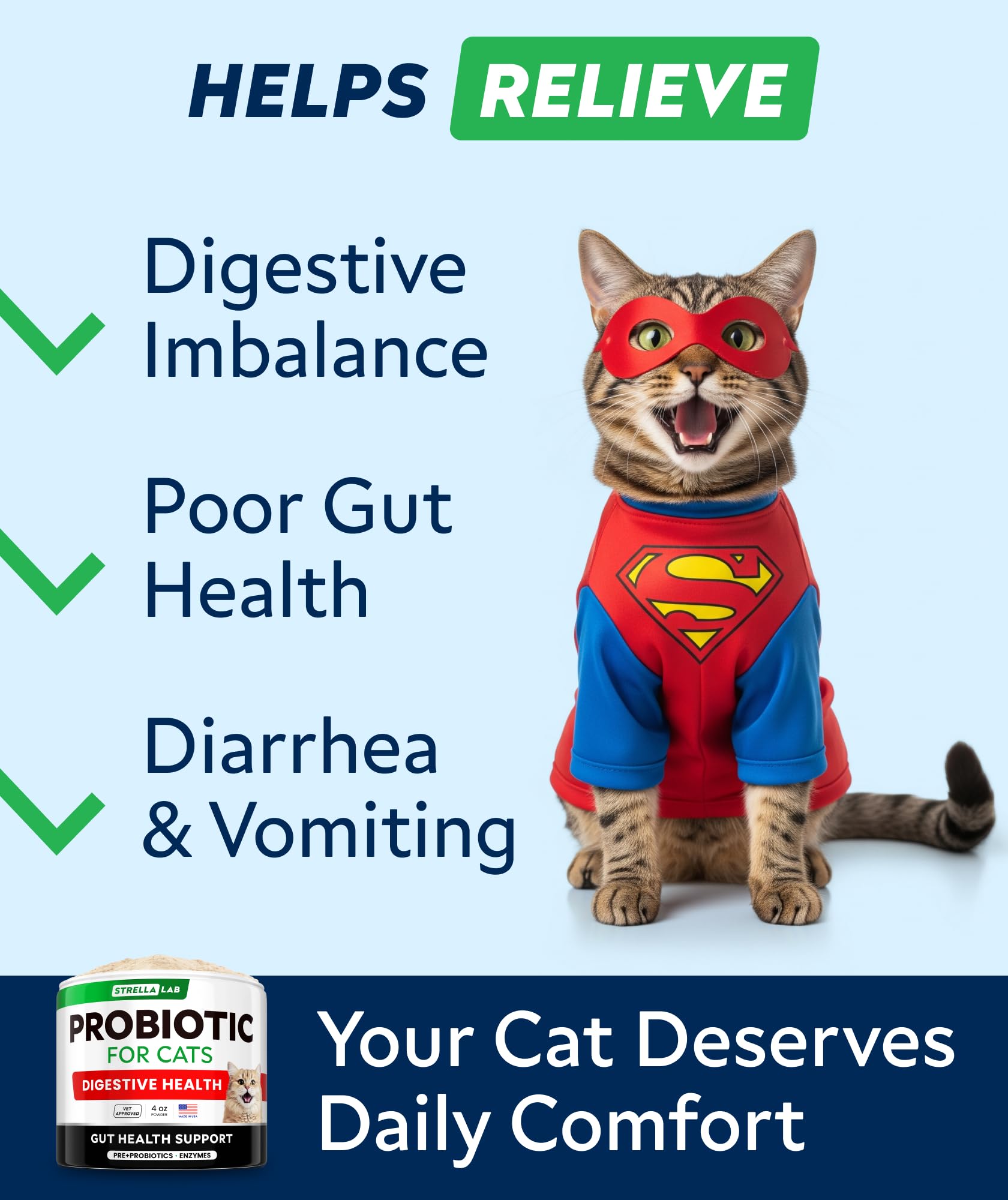StrellaLab Cat Probiotic Powder: apoyo digestivo al incorporar al alimento.