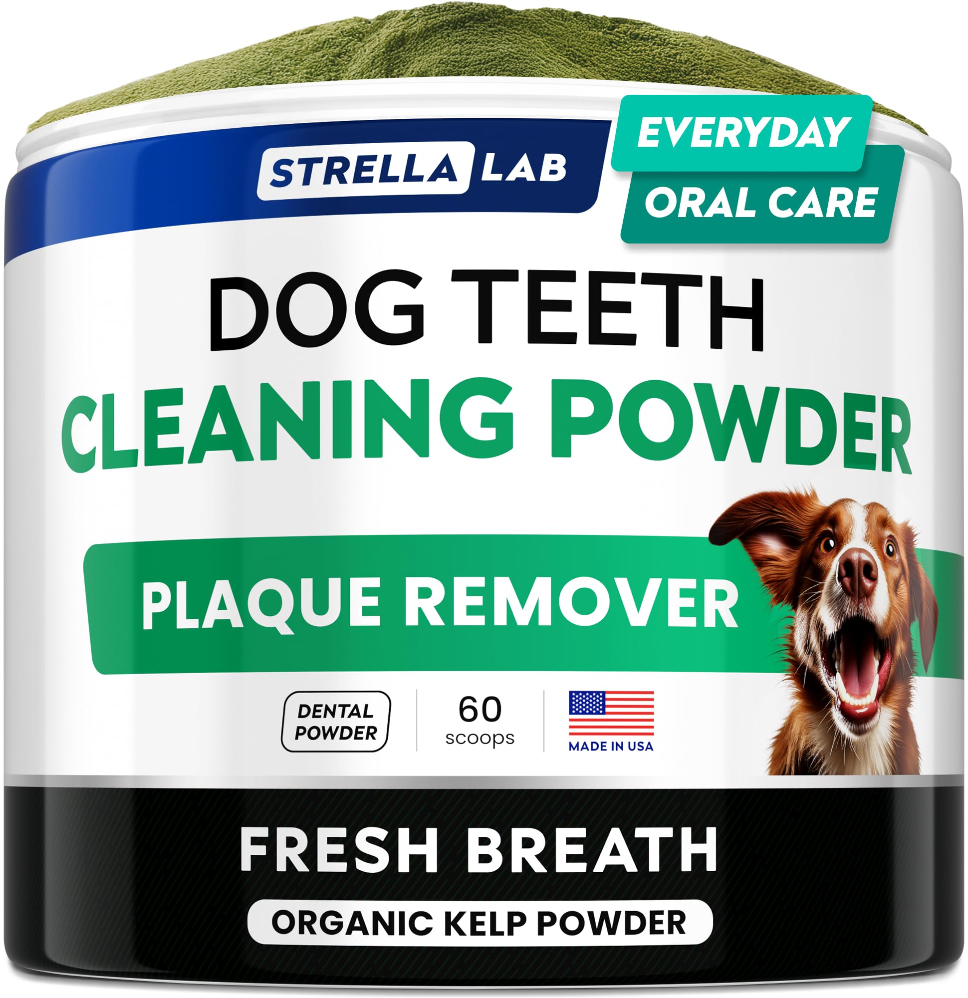STRELLALAB polvo dental para perros en envase, uso práctico diario.