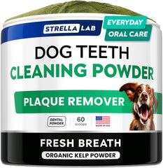 STRELLALAB polvo dental para perros en envase, uso práctico diario.