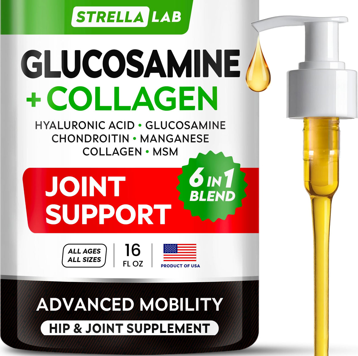 STRELLALAB glucosamina líquida para perros, botella de 16 oz, soporte articular diario.