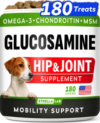 STRELLALAB Glucosamina para perros: frasco del producto y movilidad diaria.