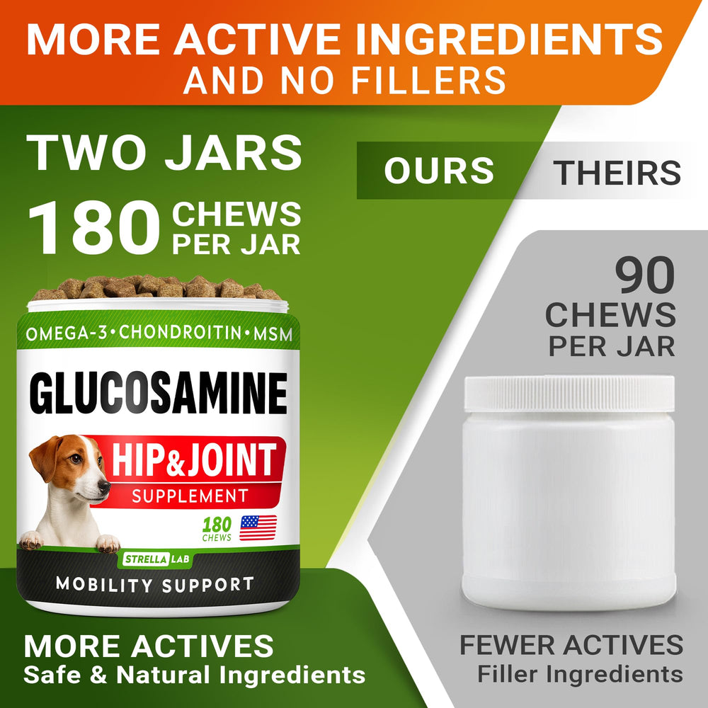 STRELLALAB glucosamina para perros grandes, panel de ingredientes, nutrición balanceada con condroitina y MSM.
