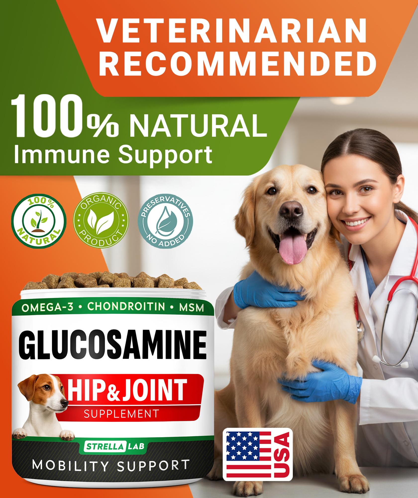 STRELLALAB Glucosamina para perros: producto hecho en EE. UU. con altos estándares de calidad.