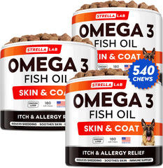STRELLALAB Omega3 para perros, botella: soporte para pelaje suave y piel saludable.