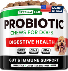STRELLALAB probióticos para perros, jarra de gomitas digestivas con sabor a pollo.