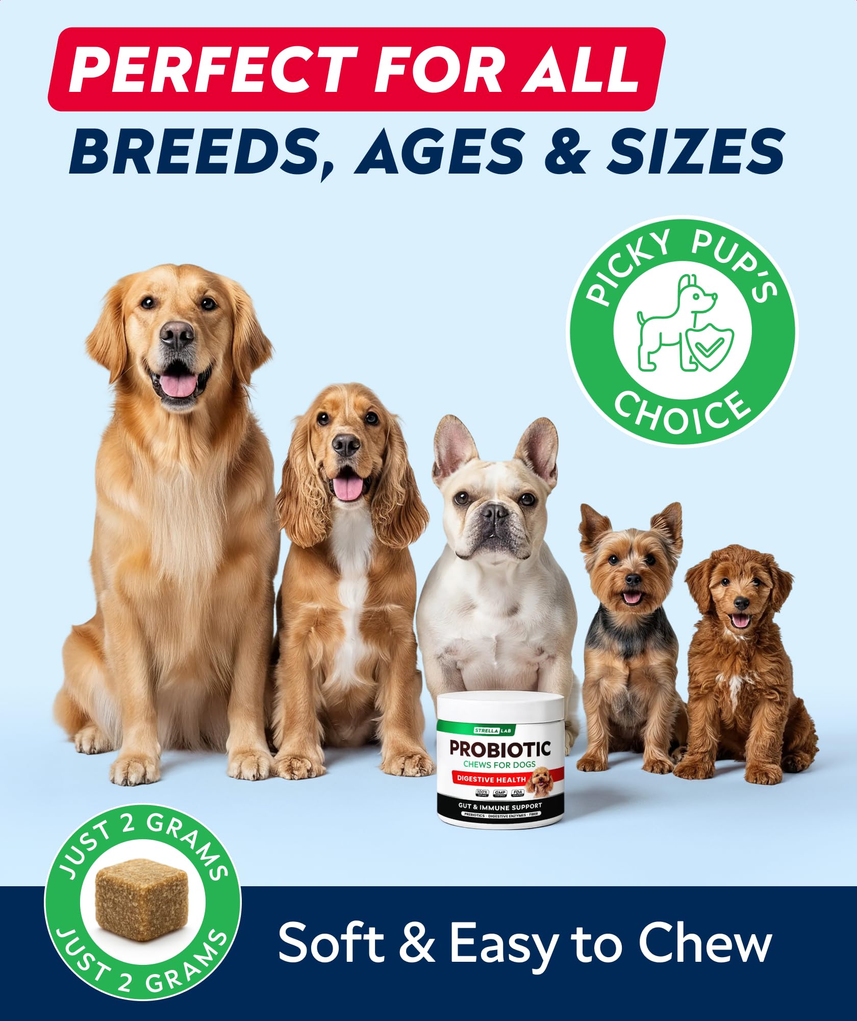 STRELLALAB probióticos para perros, enfoque natural con papaya y enzimas.