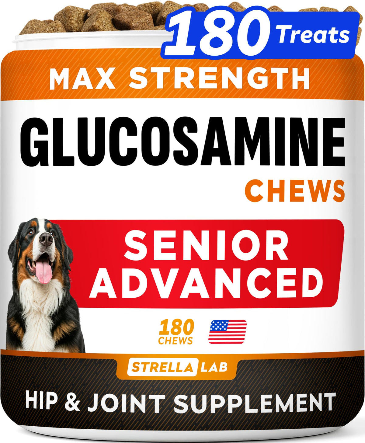 STRELLALAB Senior glucosamina condroitina, sabor bacon, masticable para movilidad articular.
