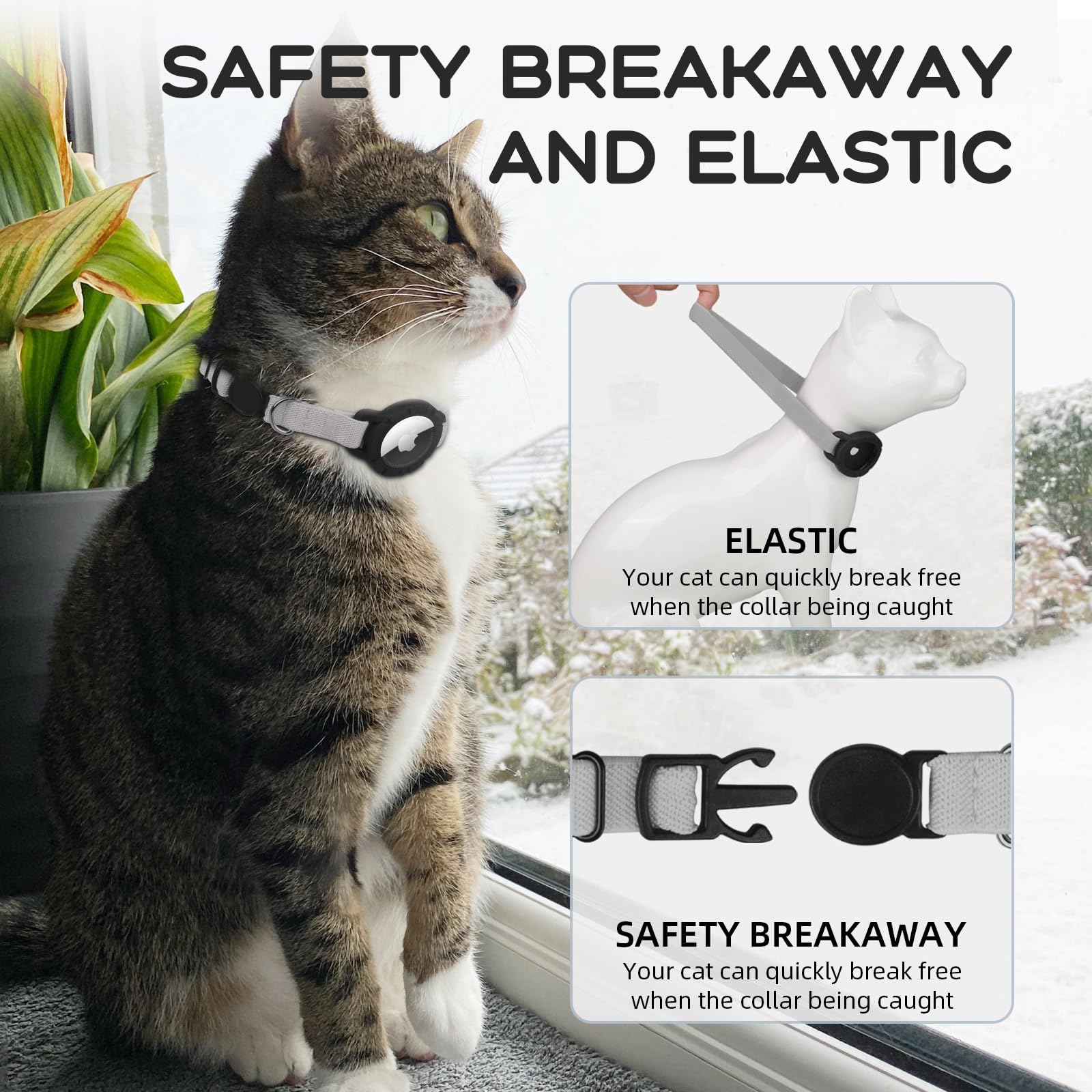Collar sucegi AirTag con estiramiento 1.8x para gatos de distintos tamaños.