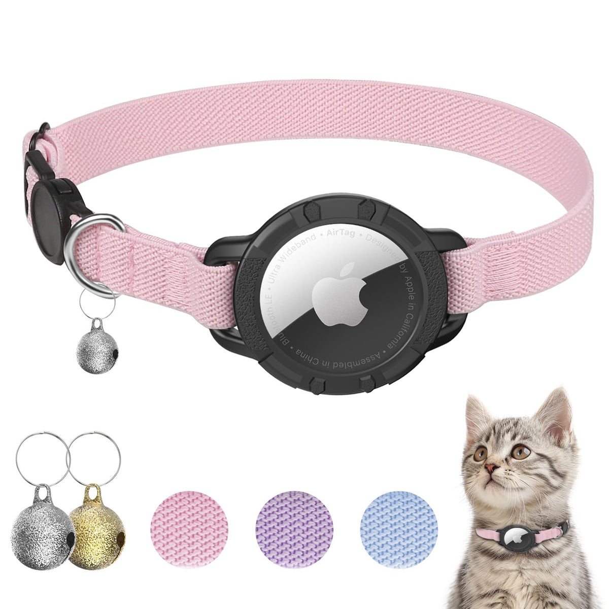 Collar Sucegi para gato con AirTag en rosa; ajuste cómodo para uso diario.