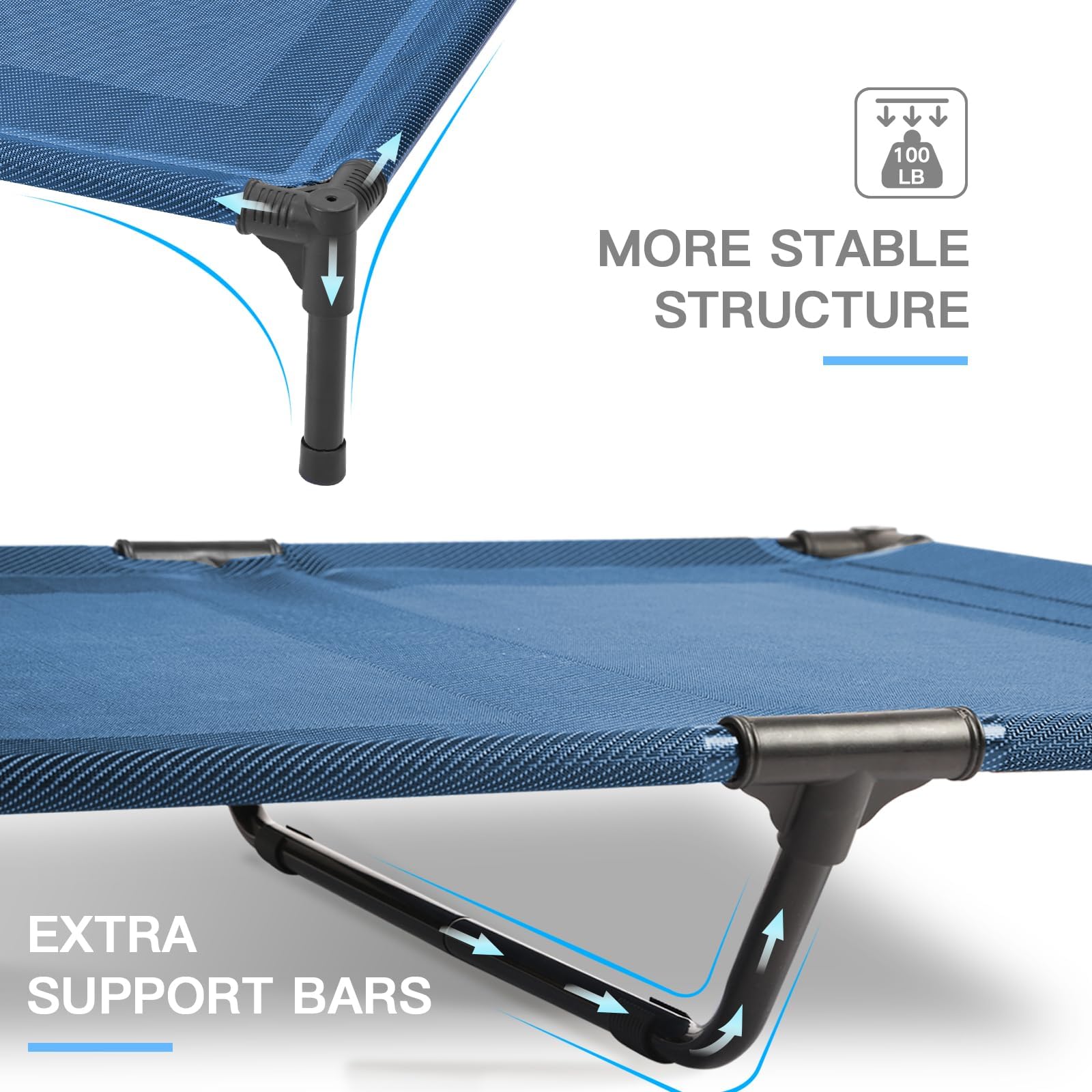 Soporte de acero resistente en la cama elevada Suddus para mayor estabilidad.