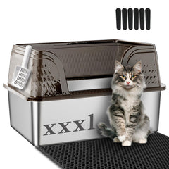 Suhaco caja de arena de acero inoxidable XXXL con tapa, espacio amplio para gatos grandes.