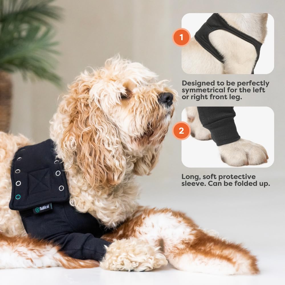 Suitical Manga de Recuperación para Perro, pierna frontal izquierda, negro: ajuste seguro.