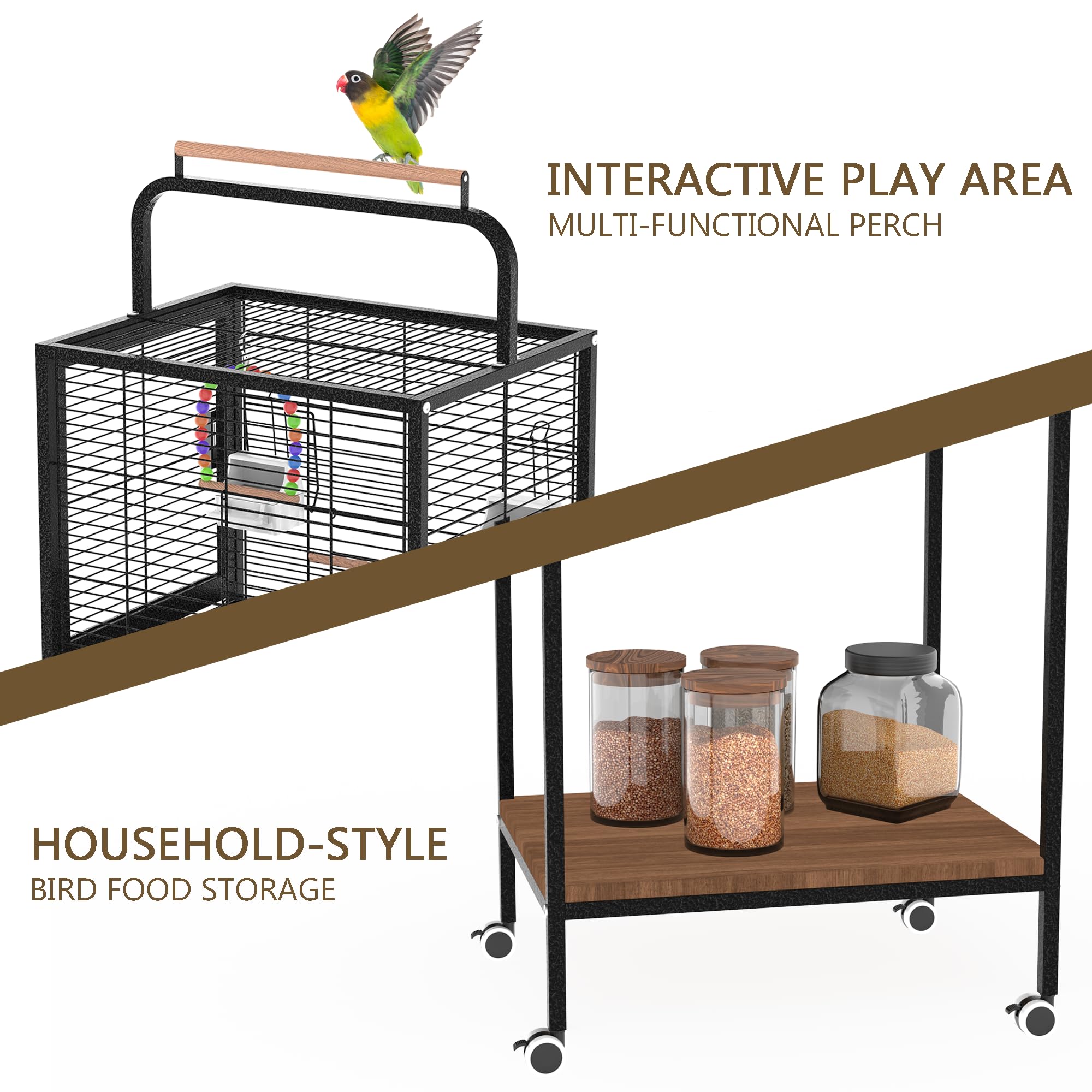 SukBetta jaula con perchero de madera y estante inferior para accesorios.