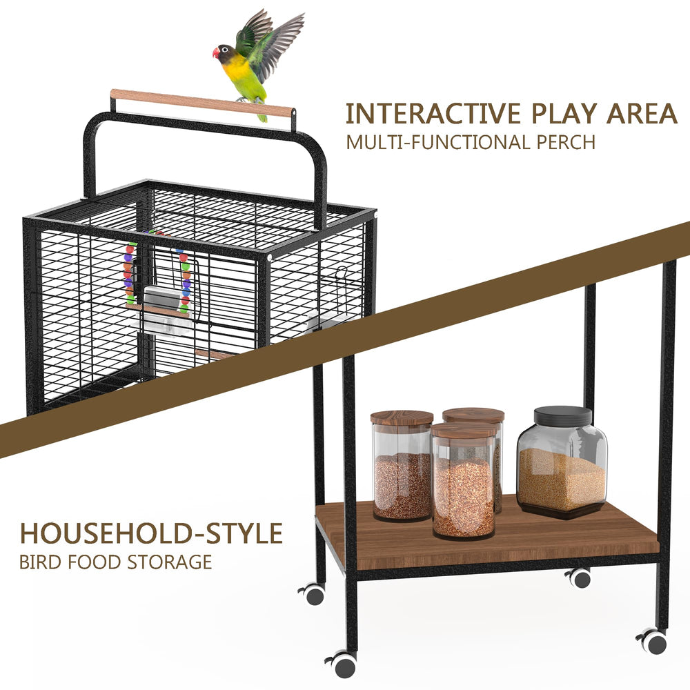 SukBetta jaula con perchero de madera y estante inferior para accesorios.