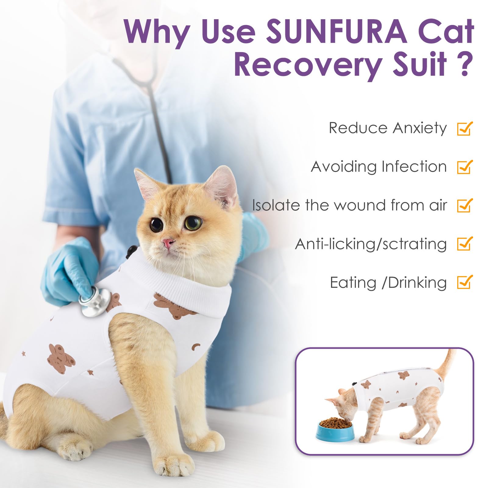 SUNFURA primer plano gato usando: diseño cómodo para actividades diarias.