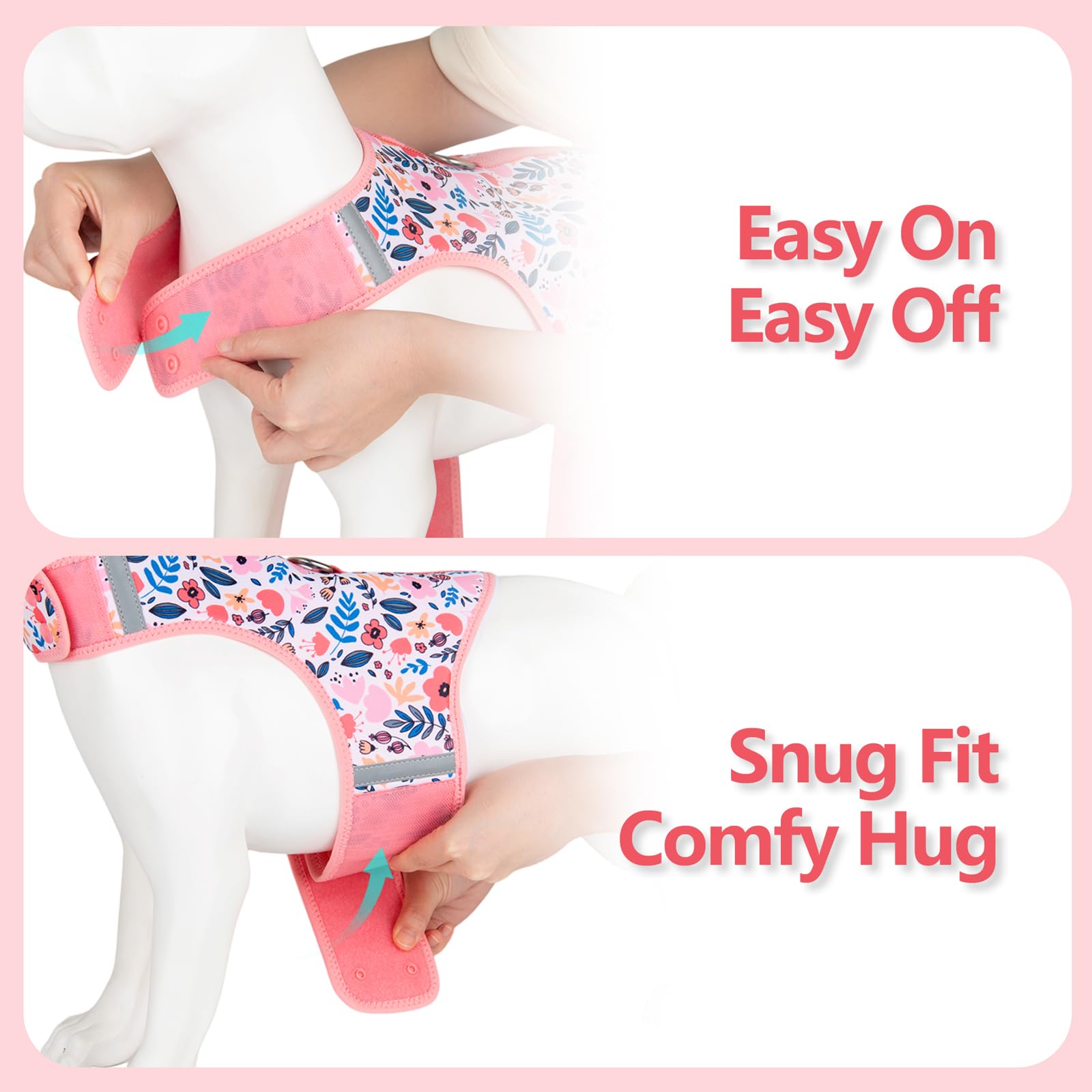 Malla suave Sunraymascota, arnés rosa floral, aireación para días activos.