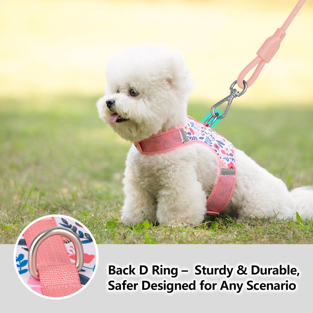Arnés Sunraymascota rosa floral, vista trasera, ideal para paseo diario.