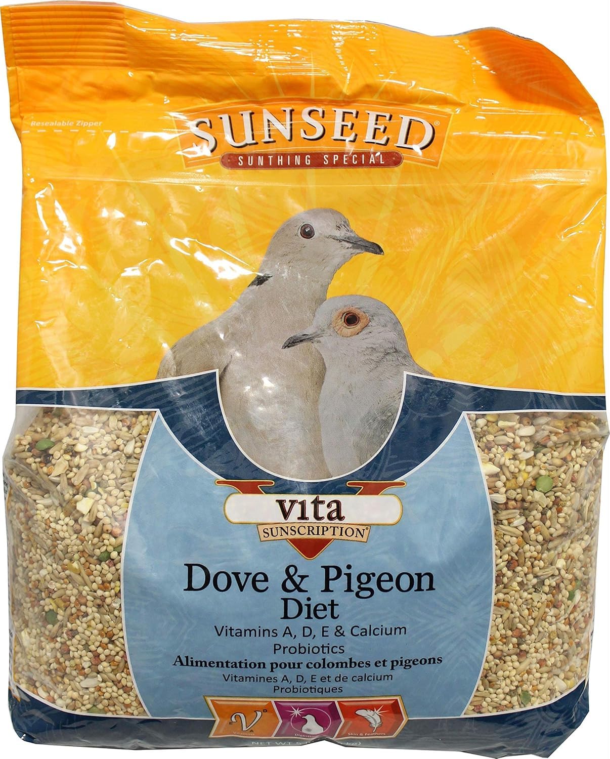 Sunseed Vita Sunscript Dove Pigeon, empaque frontal, nutrición para palomas