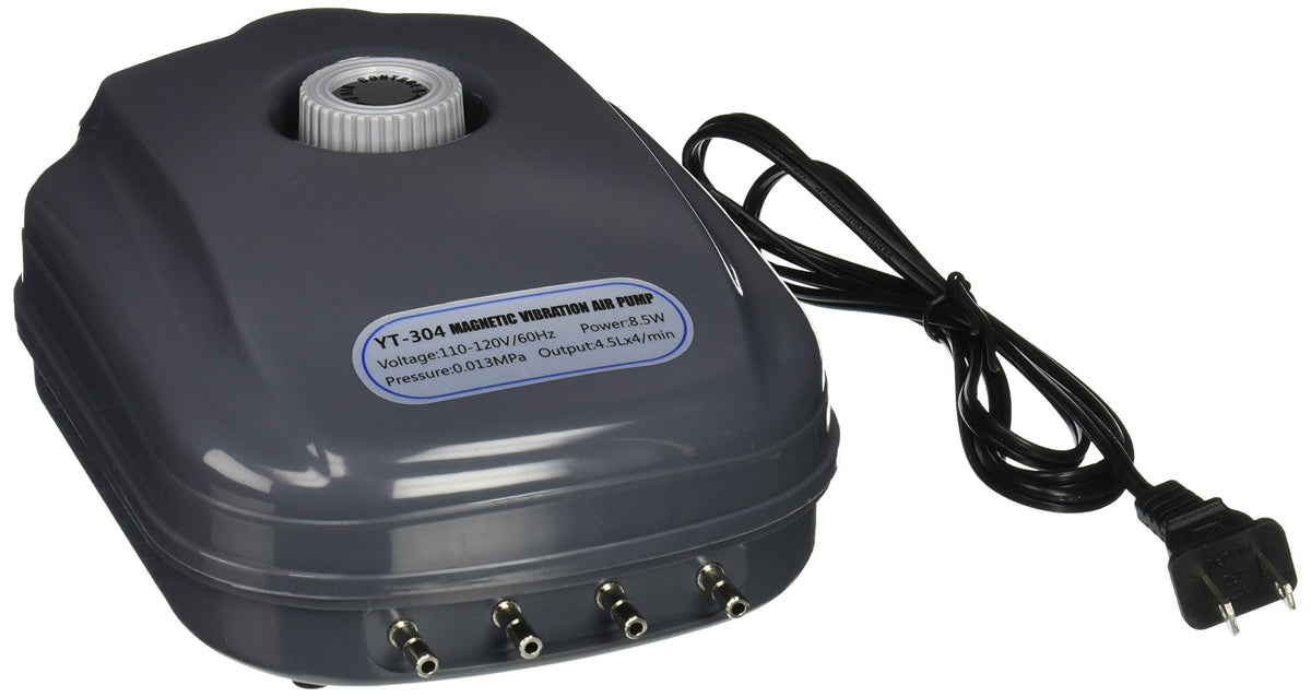 Bomba SunSun YT-304 con cuatro salidas para acuario, ideal para oxigenación estable y burbujas uniformes.