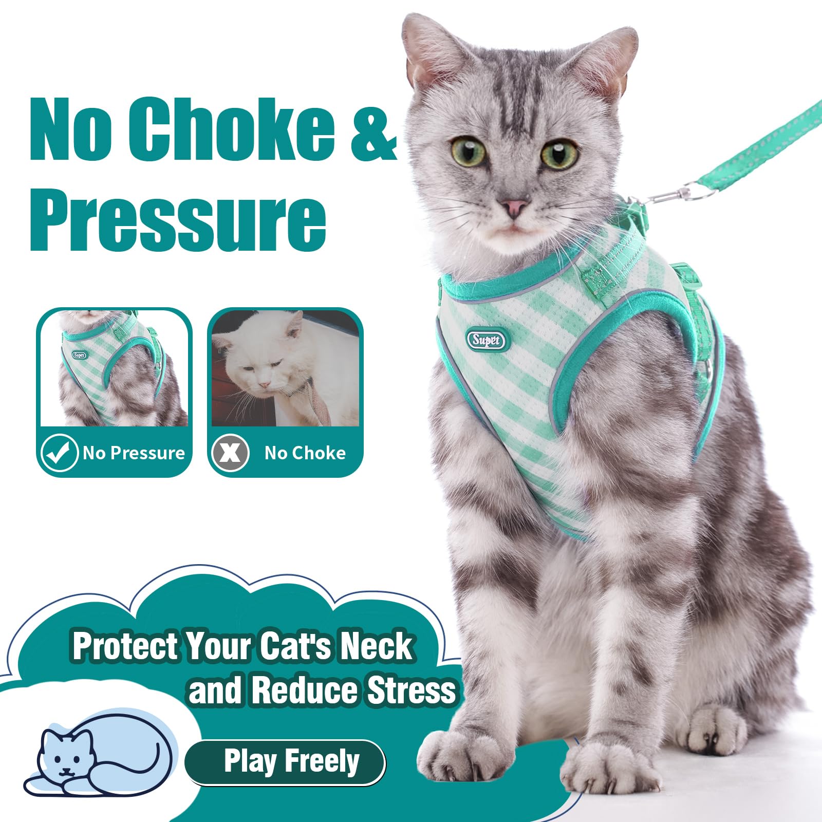 Arnés Supet para gato, diseño ergonómico en malla y distribución del tirón.