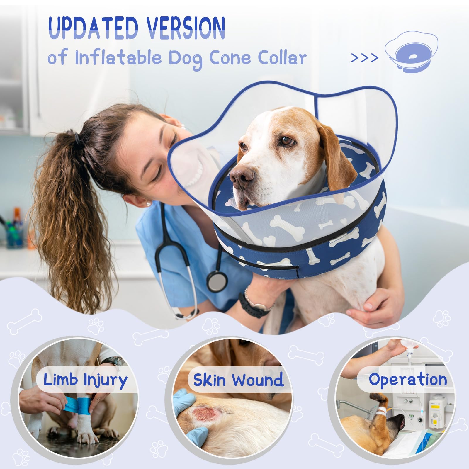 Supet collar-donut inflable con protector desmontable para evitar lamidos.