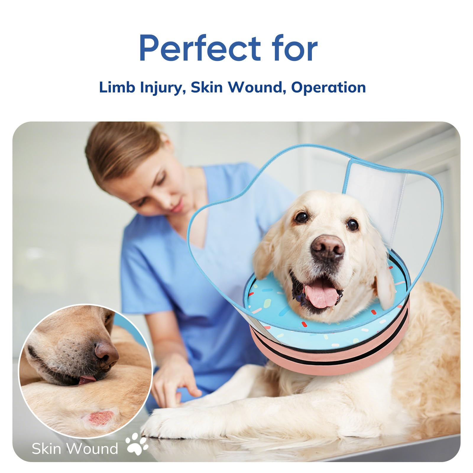 Supet collar con escudo protector desmontable para mayor seguridad al comer.
